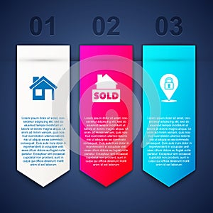 Set House, Hanging sign with text Sold and Location lock. Business infographic template. Vector