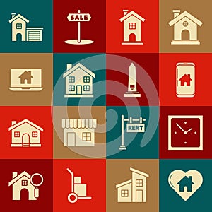 Set House with heart shape, Clock, Mobile phone smart home, Home symbol, Laptop and, and Washington monument icon