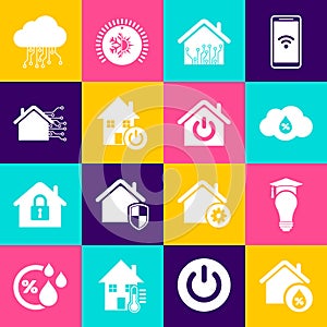 Set House humidity, Light bulb and graduation cap, Humidity, Smart home, Internet of things and icon. Vector