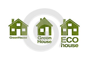 Set House icon on a white isolated background from a green leaf. The inscription Green House, Eco house