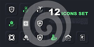 Set House, Marriage contract, Safe, Money bag with shield, in hand, Burning car, Contract and icon. Vector