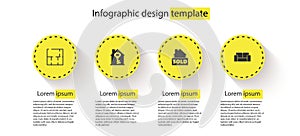 Set House plan, with key, Hanging sign text Sold and Sofa. Business infographic template. Vector