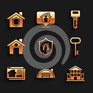 Set House with shield, Warehouse, key, Online real estate, and icon. Vector