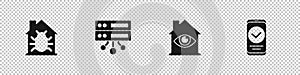 Set House system bug, Server, Data, Web Hosting, with eye scan and Smartphone icon. Vector