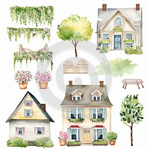 Set of house and tree style watercolor painting with margins Created with Generative AI technology