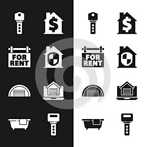 Set House under protection, Hanging sign with For Rent, key, dollar symbol, Garage, Online real estate house, and