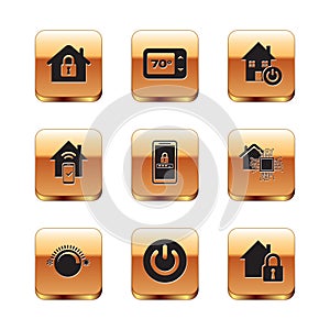 Set House under protection, Thermostat, Power button, Mobile and password, Smart home remote control system, and icon