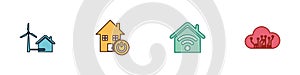 Set House with wind turbine, Smart home, wi-fi and Internet of things icon. Vector