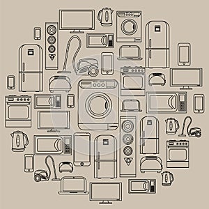 a set of household appliances and electronics icons round cloud of objects small and large household appliances assembled vector