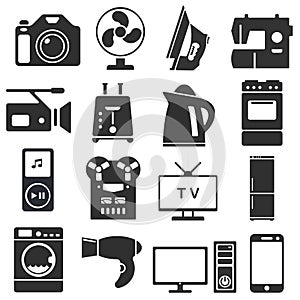 Set of household appliances and electronics silhouette icons