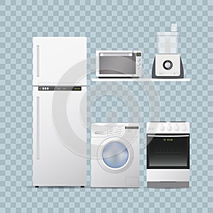 Set household appliances for kitchen. transparent background, realistic vector illustration.