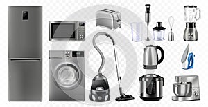 A set of household appliances: microwave oven, washing machine, refrigerator, vacuum cleaner, multicooker, food processor, blender