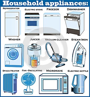 set of household appliances with refrigerator, iron and microwave