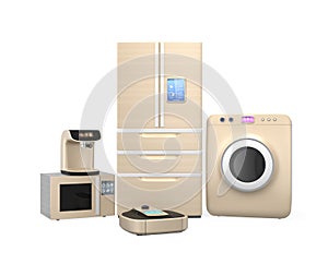 Set of household appliances on white background