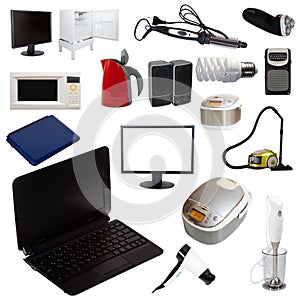 Set of household appliances on white background