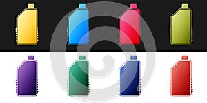 Set Household chemicals bottle icon isolated on black and white background. Liquid detergent or soap, stain remover