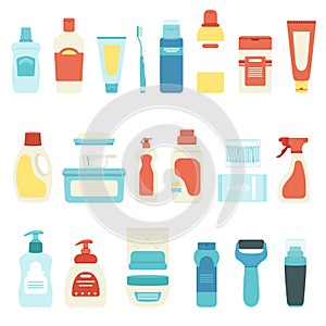 Set of household chemicals and cosmetics, vector illustration, bottles, sprayer, toothbrush and tubes
