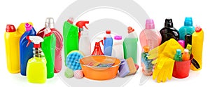 Set of household chemicals, sponges and trough isolated on white. Collage. Wide photo