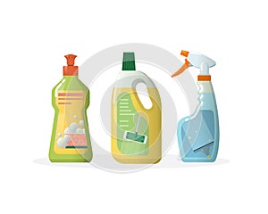 Set household, cleaning products for windows, floors, in plastic bottles.