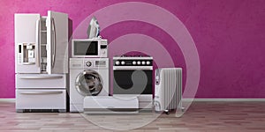 Set of household home appliancess on pink background. Kitchen te