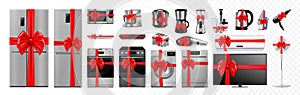A set of household and kitchen appliances with red ribbon and bow: microwave oven, refrigerator, vacuum cleaner, blender, toaster