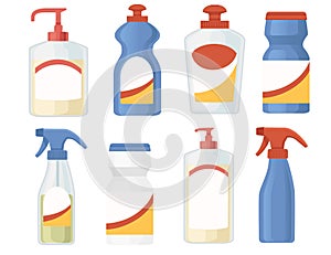 Set of households chemicals in plastic bottles with pump vector illustration isolated on white background