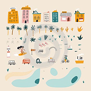 Set with houses and car. City design. Kids print. Vector illustrations