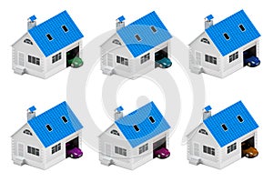 Set of houses with different cars. Insurance home, house, life, car protection. Buying house and car for family icon. 3D illustrat