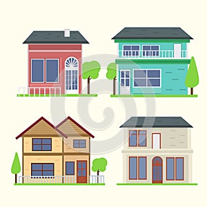 set Houses exterior vector illustration front view with roof Modern.