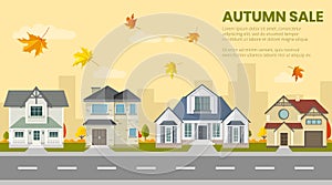 set of houses outdoors  autumn house sale  house selection  house project  real estate concept  flat style illustration