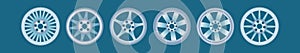 Set of hubcap cartoon icon design template with various models. vector illustration isolated on blue background
