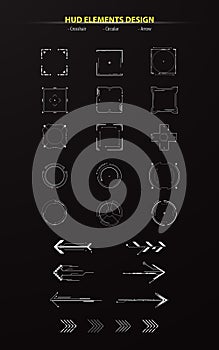 Set of hud elements collection pack tech innovation concept montage design arrow circular crosshair