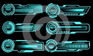 Set of HUD modern loading progress bars user interface elements design technology cyber blue on black futuristic vector