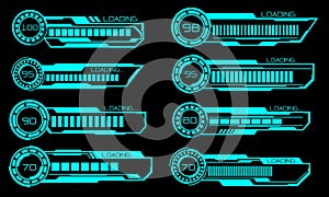 Set of HUD modern loading progress bars user interface elements design technology cyber blue on black futuristic vector