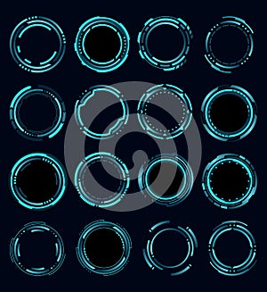 Set of hud round frames or borders, sci fi circular neon elements for digital ui game interface. Futuristic data UI