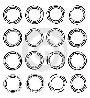 Set of hud round frames or borders, sci fi circular neon elements for digital ui game interface. Futuristic data UI