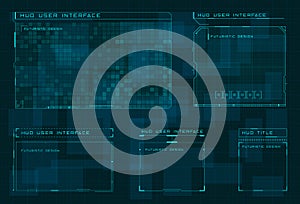 Set of HUD user screen interface on dark blue digital hi tech background. Futuristic layout of control panel and user photo