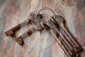 A set of huge old keys for unlocking heavy doors.