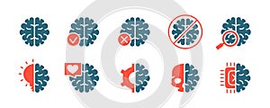 Set of human brain colored icon. Head organ illness, rating, health control, diagnosis, treatment symbol