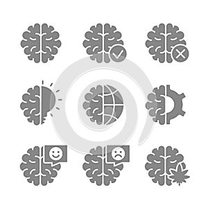 Set of human brain gray icon. Head organ illness, rating, health control, diagnosis, treatment symbol