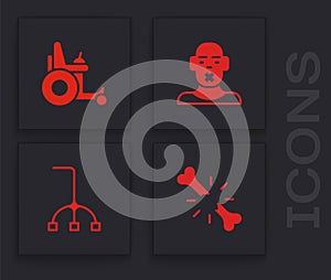 Set Human broken bone, Electric wheelchair, Head of deaf and dumb and Walking stick cane icon. Vector