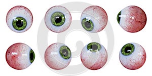 Set of human eyeballs with green iris isolated on white background