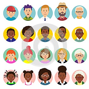 Set of human faces, avatars, people heads different nationality and ages in flat style