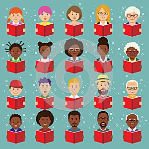 Set of human faces, avatars, people heads different nationality and ages in flat style reading books on a green background