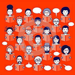 Set of human faces, avatars, people heads different nationality and ages in flat style reading books on a red background