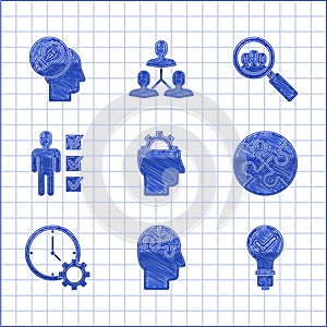 Set Human with gear inside, head puzzles strategy, Light bulb and check mark, Piece of, Time Management, User business
