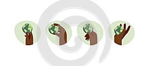 Set of human hand holding Earth globe. Concept of Earth Day and World Environment Day. Vector Illustration