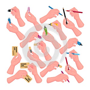 Set of Human Hands with Business Card, Writing Tools Markers, Pen, Pencil and Eraser. Office Supplies or Stationery