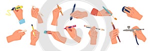 Set of Human Hands Holding Various Writing Tools Such As Stylus, Pen, Crayon Or Marker, Quill Pen, Brush, Eraser, Pencil