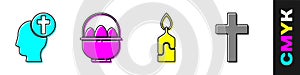 Set Human head with christian cross, Basket with easter eggs, Burning candle and Christian cross icon. Vector